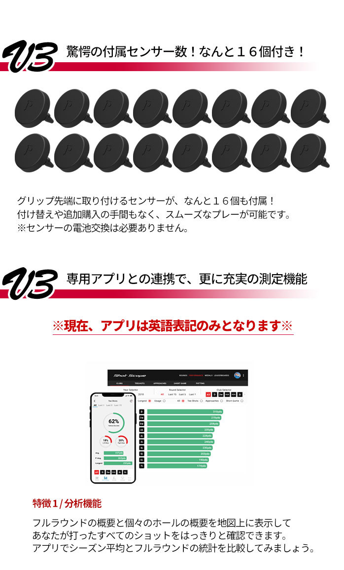 店頭展示品 外箱訳あり ショットスコープ Shot Scope V3 ブラック ウォッチ 時計型 ゴルフ GPS ナビ センサー 16個付き  競技モード 海外使用可