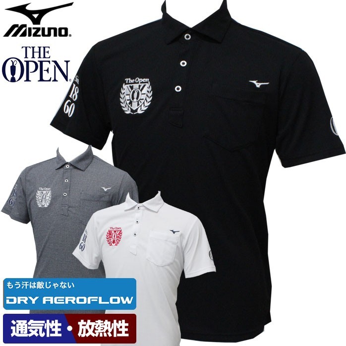 ミズノ ゴルフ 半袖 ポロシャツ The OPEN ジオープン ドライエアロフロー ムーブテック 放熱性 通気 Mizuno 52MA9106