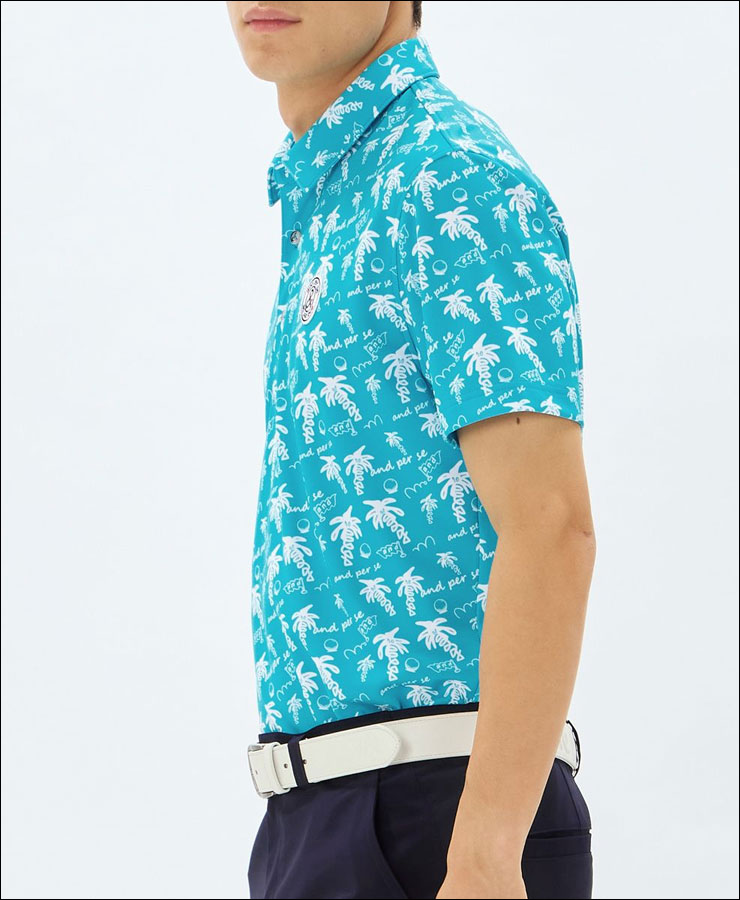 アンパスィ and per se ソルケアプリンテッド 椰子の木モチーフ総柄 半袖 ポロシャツ ゴルフウェア メンズ M-LL AMS9685X9 and per se（アンパスィ） ソルケアプリンテッド 椰子の木モチーフ総柄