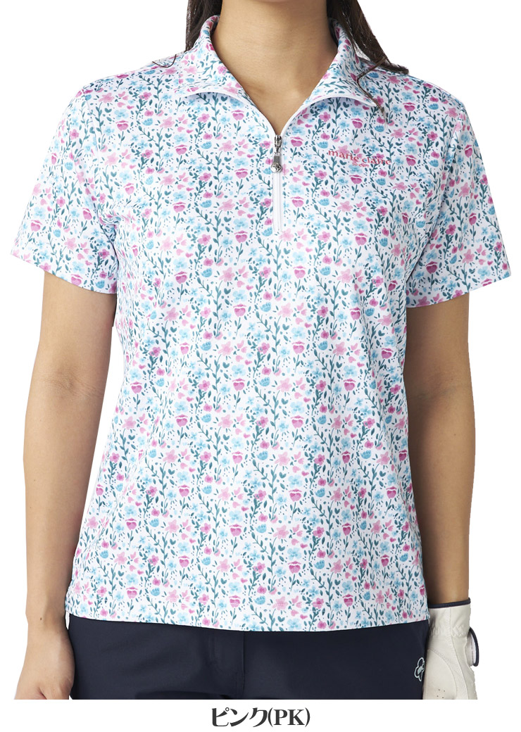 Marie Claire（マリ クレール） 花柄 ハーフジップ 半袖シャツ ゴルフ