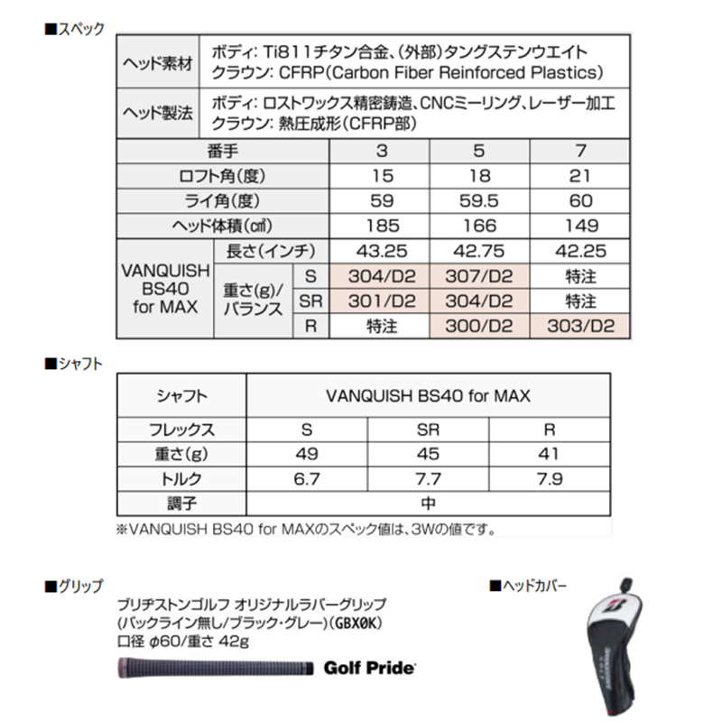 ブリヂストン 2024 B3MAX フェアウェイウッド VANQUISH BS40 for MAX カーボンシャフト  日本正規品の画像