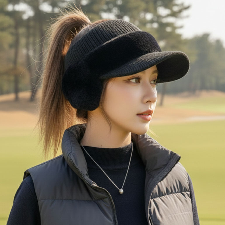 ゴルフ 帽子 秋冬 ニット帽 キャップ 耳当て 裏フリース サンバイザー