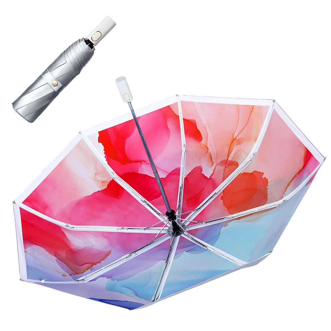 晴雨兼用 折り畳み 傘 ボタン式 自動開閉 撥水 UPF50+ UVカット 日傘 雨傘 カラフル 鮮やか 個性的 コンパクト 8骨 シルバーコーティング レディース  婦人｜golwis｜02