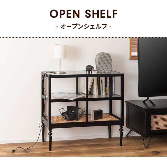 オープンシェルフ 3段 幅80cm ワイド ガラス天板 木製 収納棚 ラック 棚 シェルフ サイドテーブル ウッド ディスプレイ ナイトテーブル 飾り棚 ろくろ脚 推し活の画像