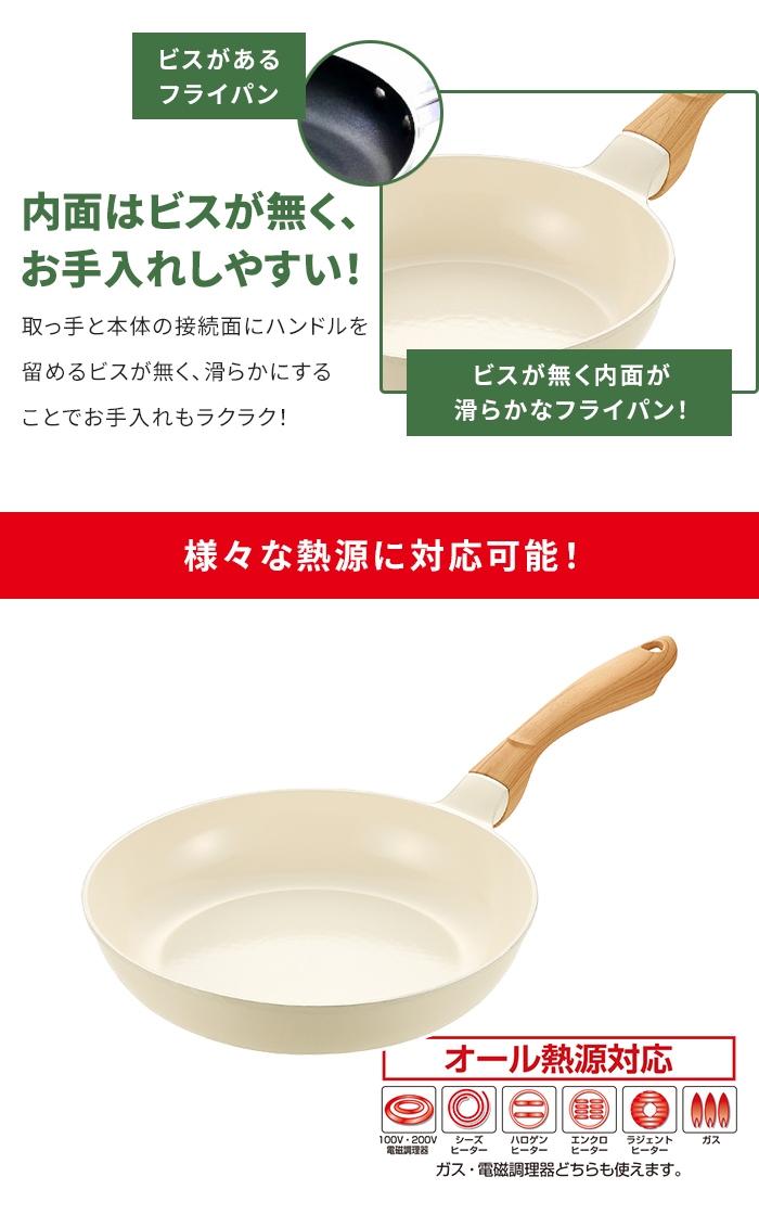 フライパン 26cm IH ガス火 セラミック 白 おしゃれ 木目調ハンドル