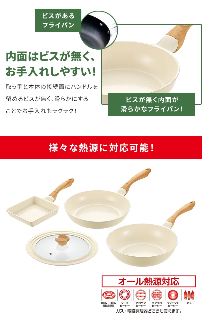 フライパンセット フライパン 26cm/炒め鍋 28cm/兼用ガラス蓋/卵焼き器 IH ガス火 木目調ハンドル ホワイト 金属ヘラOK 中華鍋 ふた付き 玉子焼き器 オール熱源 : m5 mgkym00566 : グッド チョイス