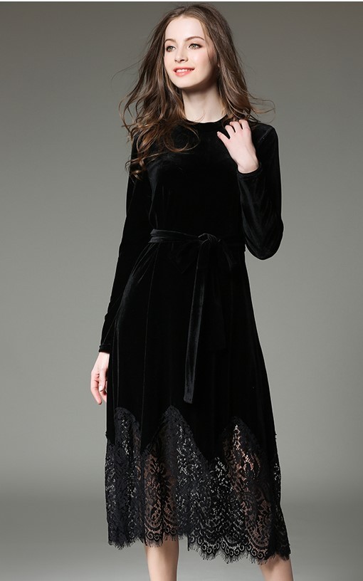 超ポイント祭 期間限定 秋冬ワンピース 秋冬ワンピースベロアワンピースインナーワンピースレディースヴィンテージ長袖ベルベットロング丈シンプル結婚式ドレス19秋新作 インナーワンピース ベロアワンピース ワンピース チュニック