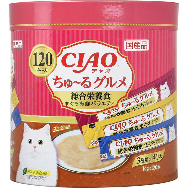 チャオ ちゅ〜るグルメ CIAO ちゅーるごはん 総合栄養食 まぐろ海鮮バラエティ 120本入り 本格まぐろだし かつお節・かに しらす・ほたて貝柱 猫用おやつ いなば