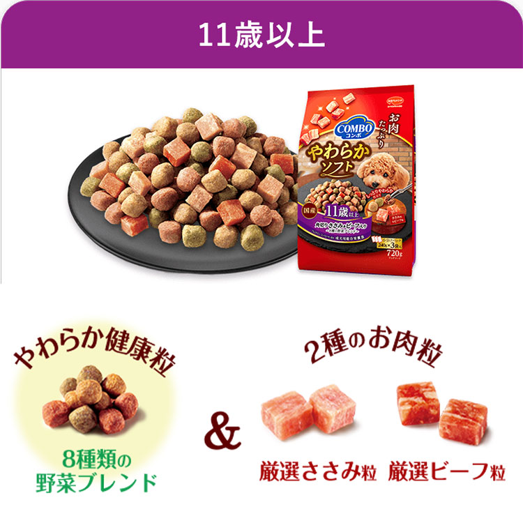 コンボ ドッグ やわらかソフト 11歳以上 角切りささみ・ビーフ 野菜ブレンド 半生タイプ  720g 成犬用 高齢犬用 シニア犬用 ドッグフード セミモイストフード | 日本ペットフード | 01