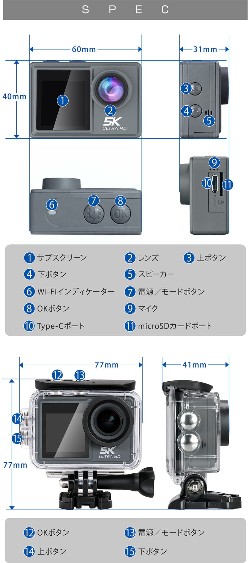 アクションカメラ 5K 1470万画素 小型 SD カード 録画 電池式 録画機