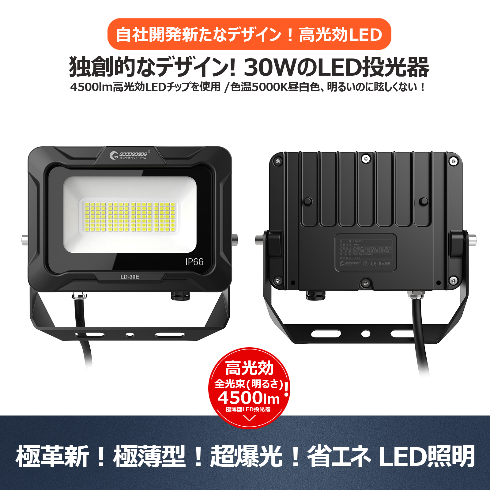 セール 30W LED投光器 高輝度 広角120° 水銀灯300W相当 電球色 昼白色