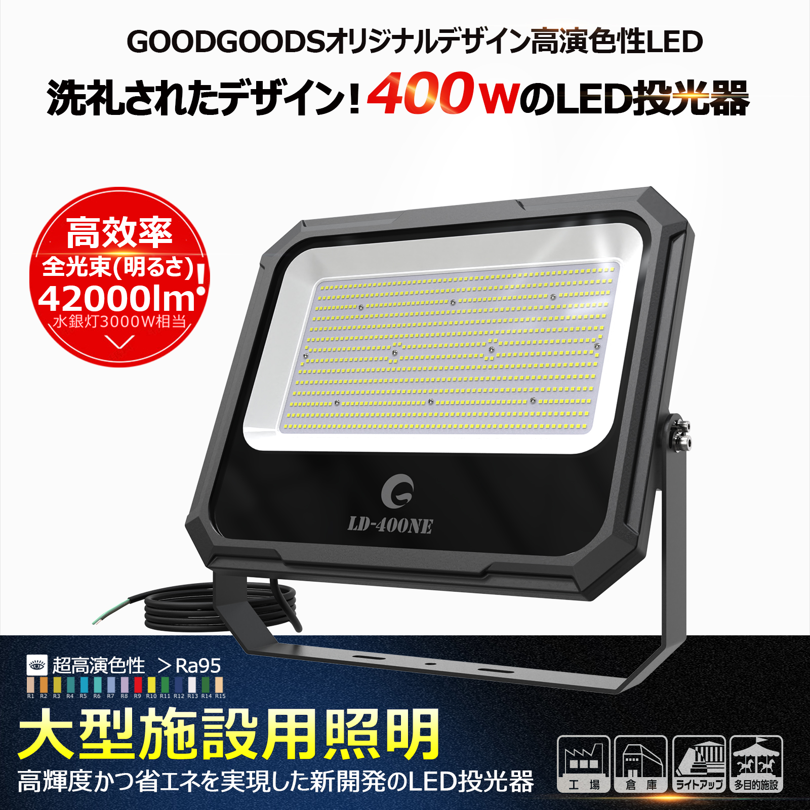 SALE グッドグッズ 大型LED投光器 400W 42000lm 屋外用 防水 IP66 超