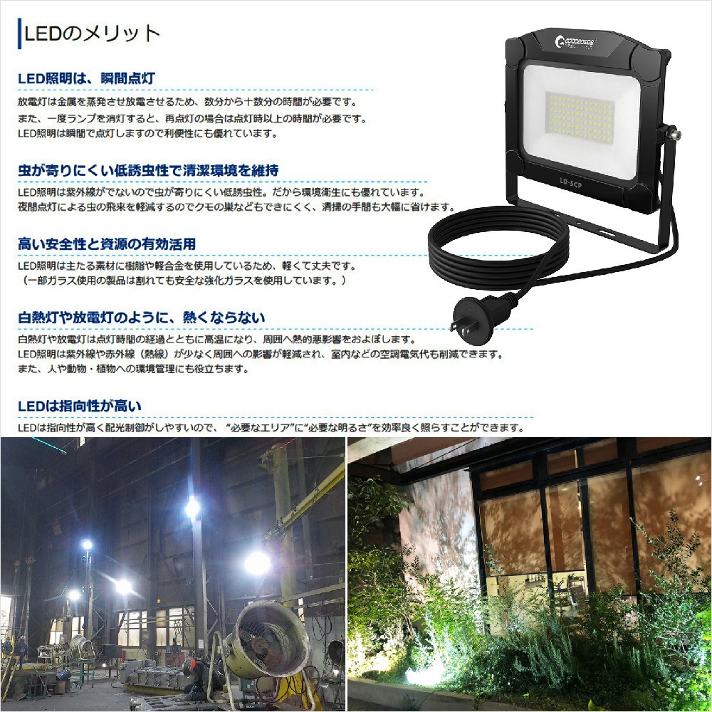 led投光器 昼白色 屋外照明 プラグ付き 高効率 設置しやすい 1年保証 PSE認証