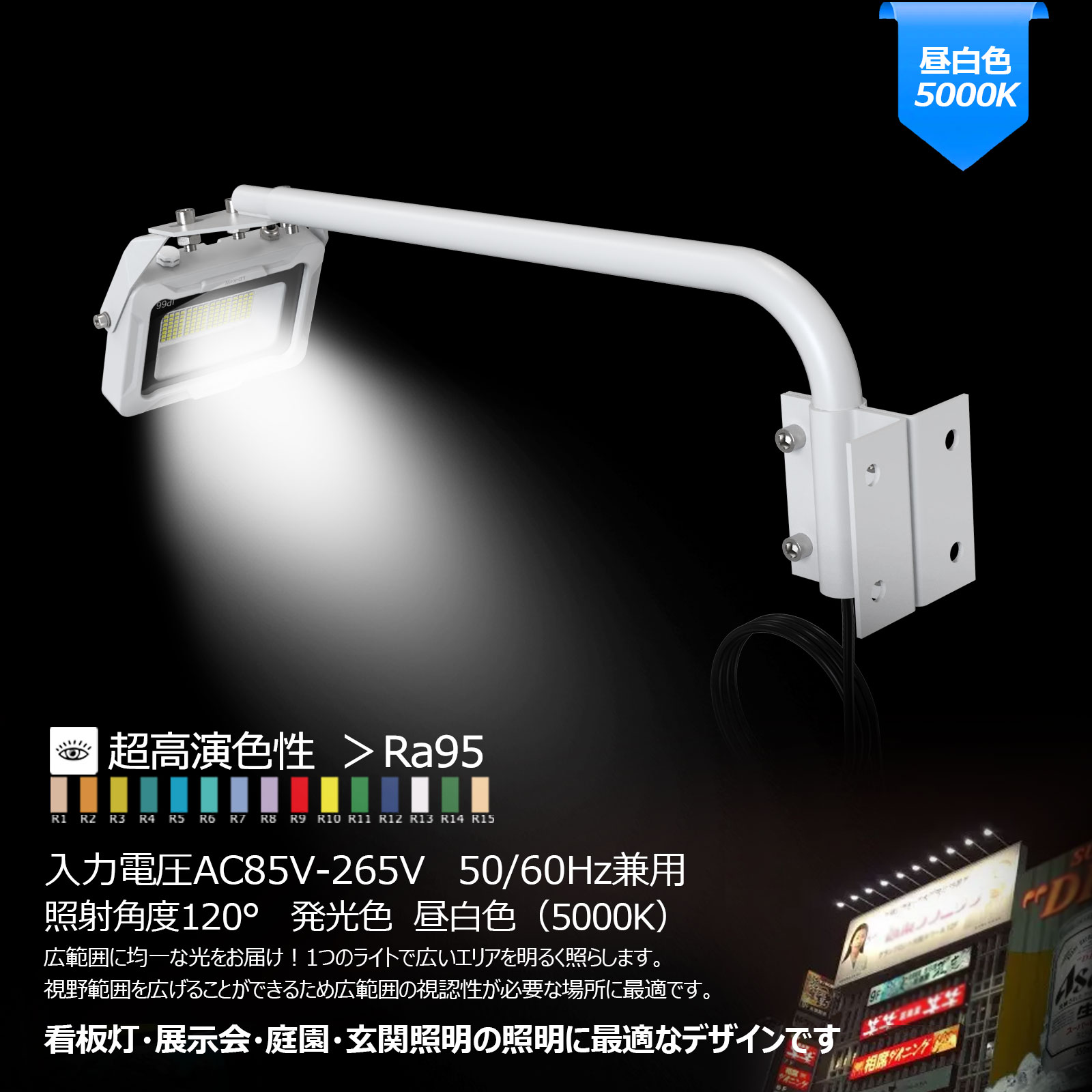 カーポート LEDアームライト 電球色・昼色切替式 30W 看板灯 高演色性 Ra80
