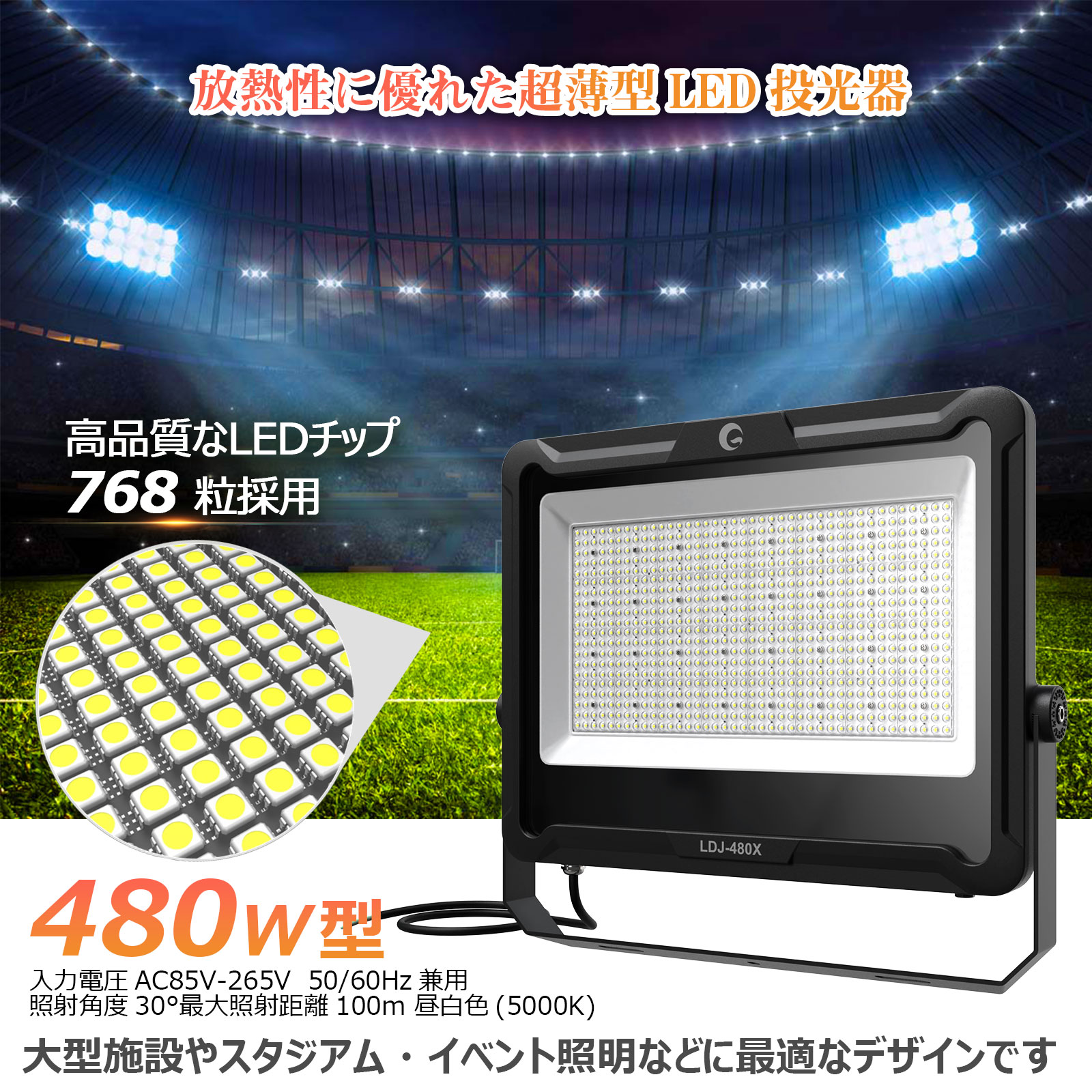 SALE GOODGOODS 極薄 大型 LED投光器 480W 72000lm 屋外用 防水 IP66