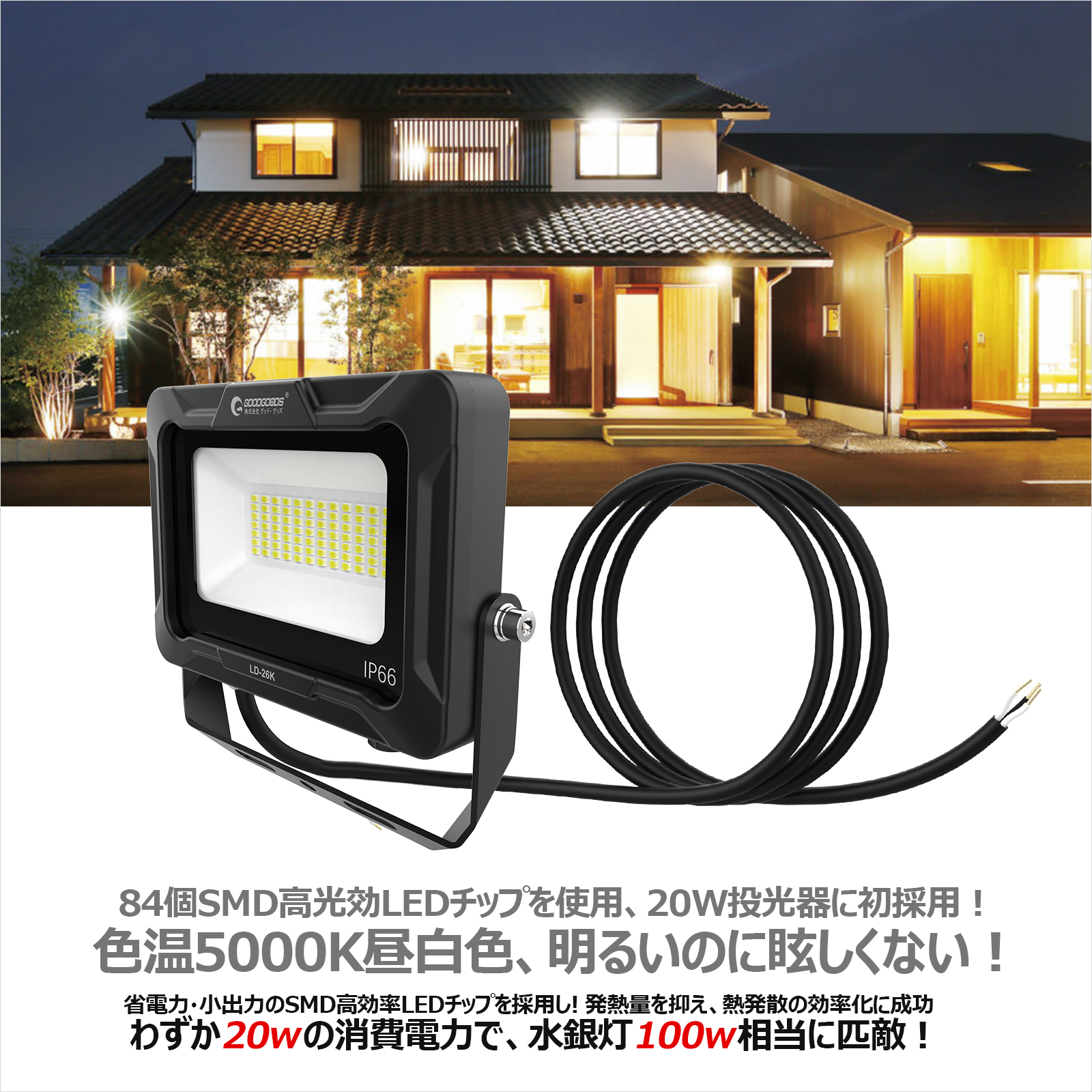 セット LED投光器 クリップ 屋外 防水 20W 強力 屋外 作業灯 5000K