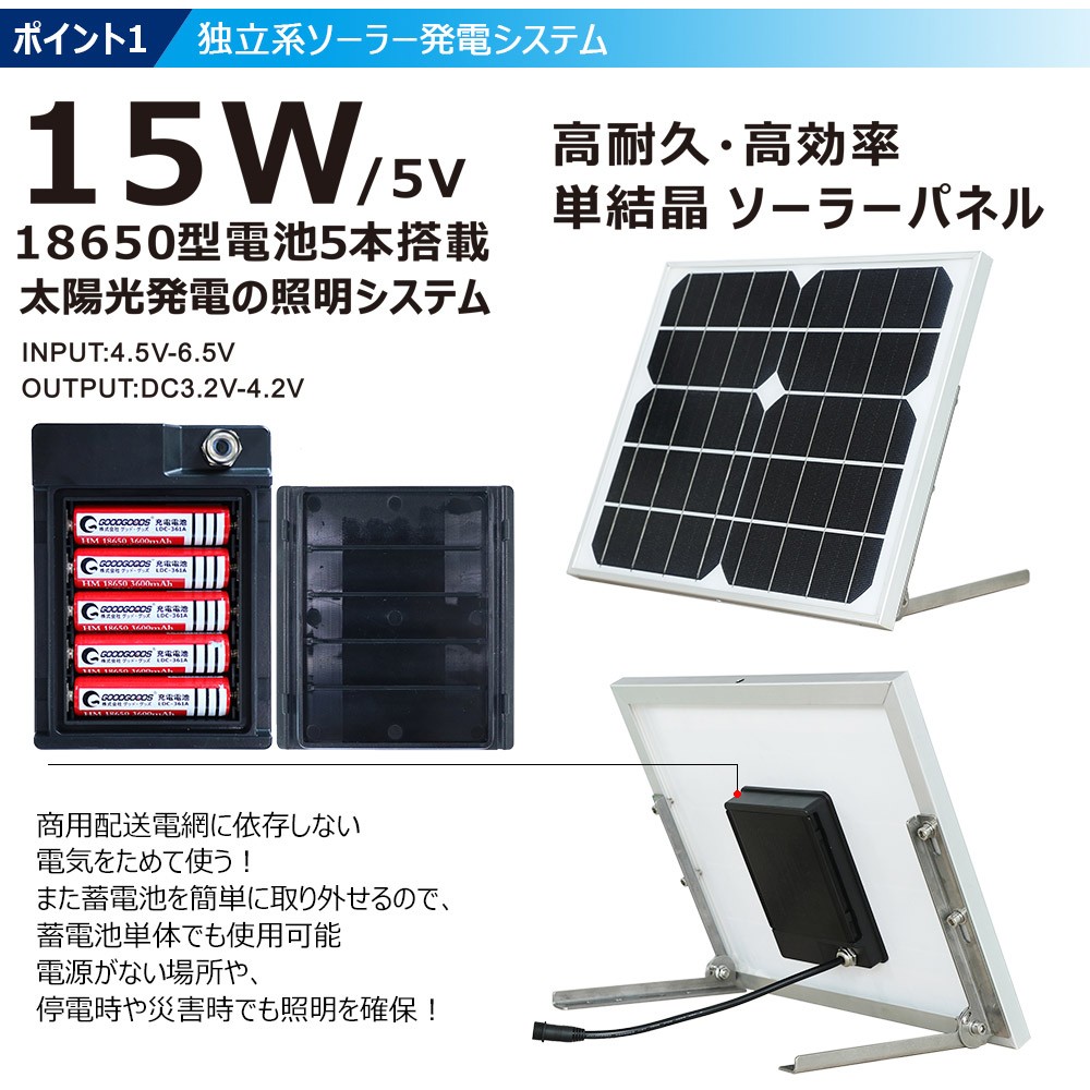 太陽光発電システム LEDソーラーライト 18650型充電池*5本 蓄電池 停電 防災グッズ 充電式 投光器