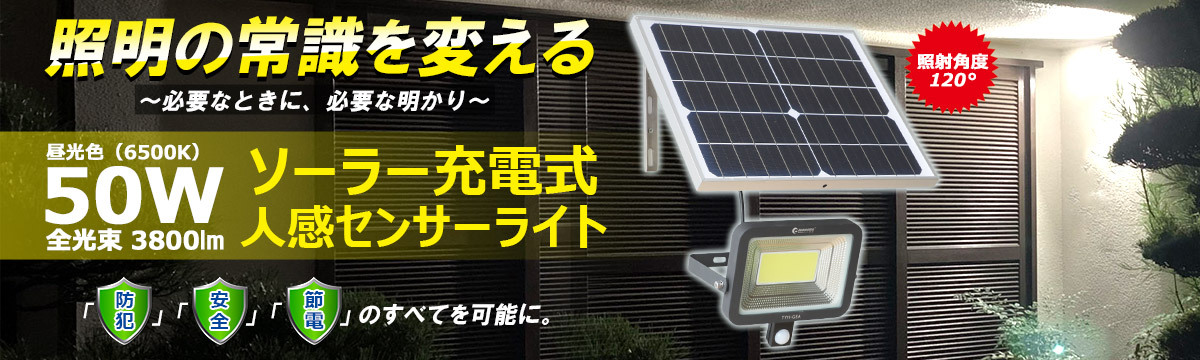 ソーラー充電式人感センサーライト 50W 防犯 人感センサー 停電対策 電池交換可 ほんのり点灯・フル点灯2モード 昼光色 庭園 駐車場