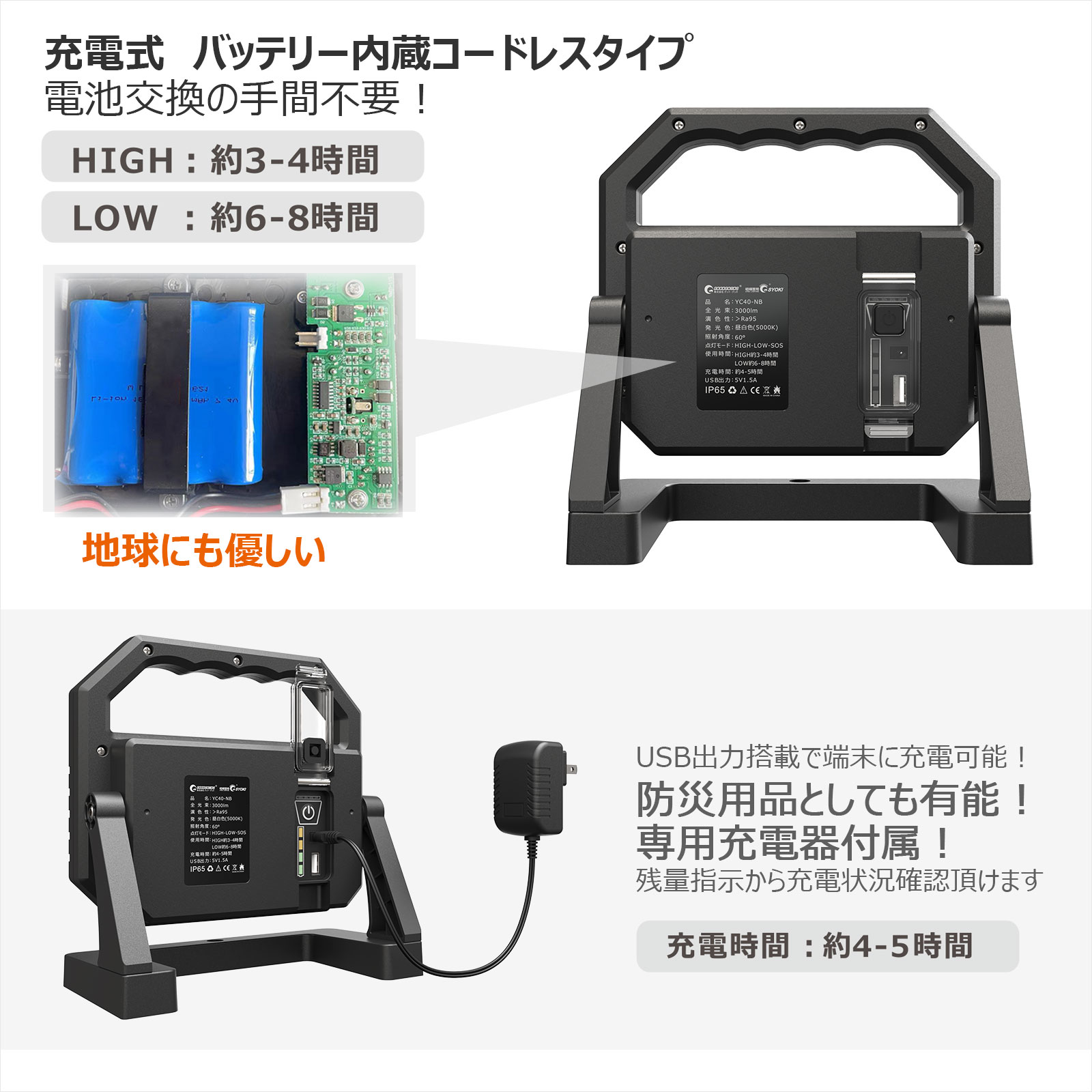 工具不要で角度調整可能 ライト本体を水平に向けて真上に点灯可能 