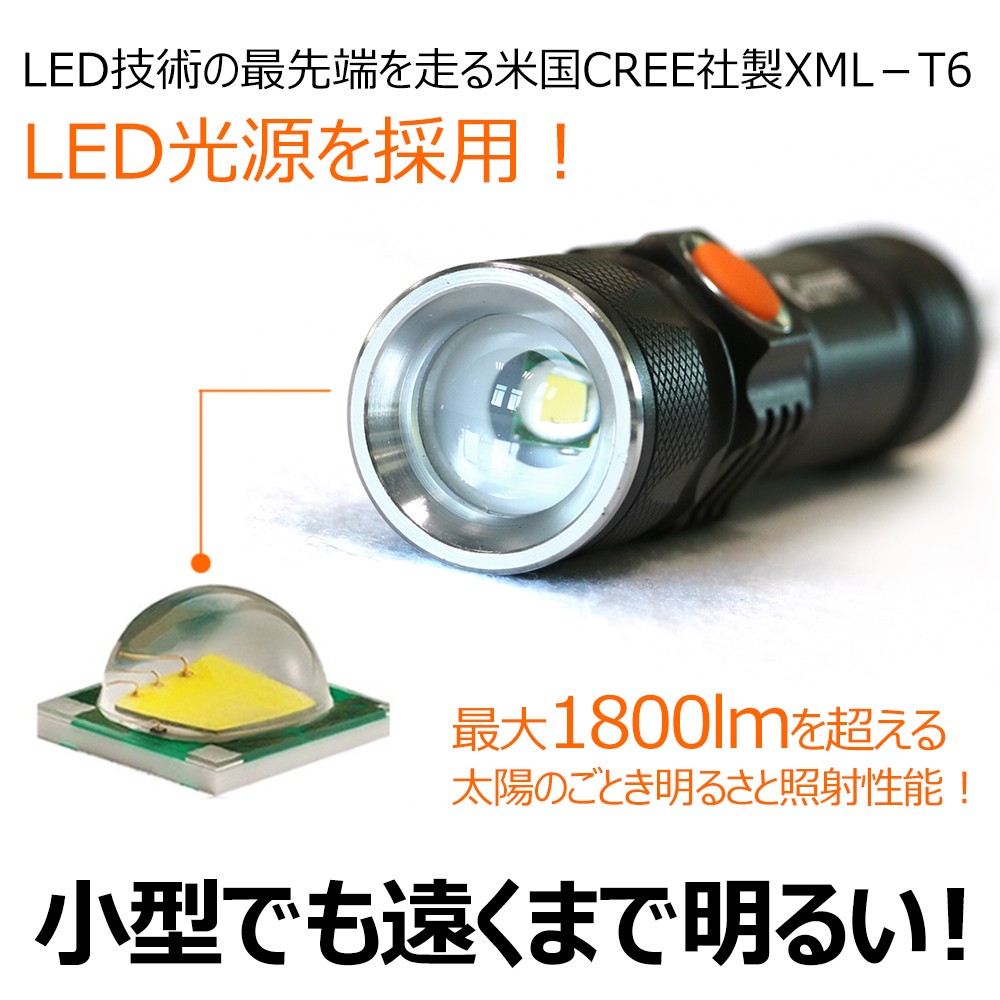 LED 懐中電灯 usb充電 超強力 1800lm 充電式 ライト 防災グッズ　cree 