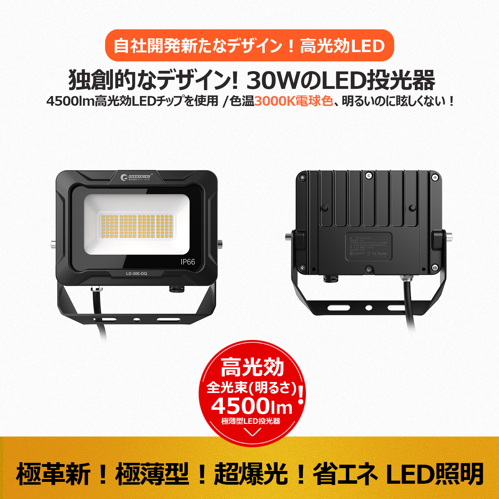 led投光器 30w オリジナルデザイン 消費電力 112粒チップ