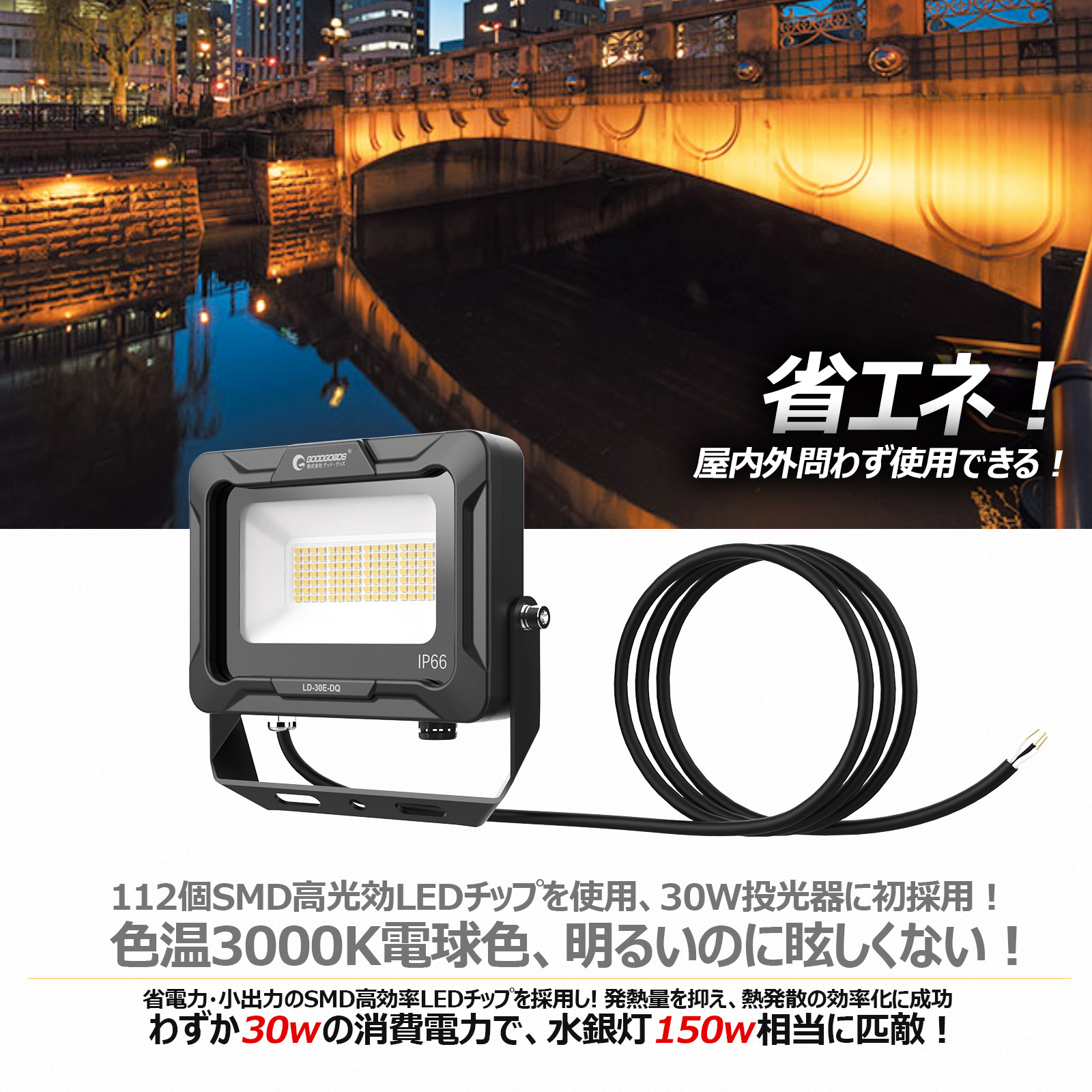 led投光器 30w オリジナルデザイン 消費電力 112粒チップ