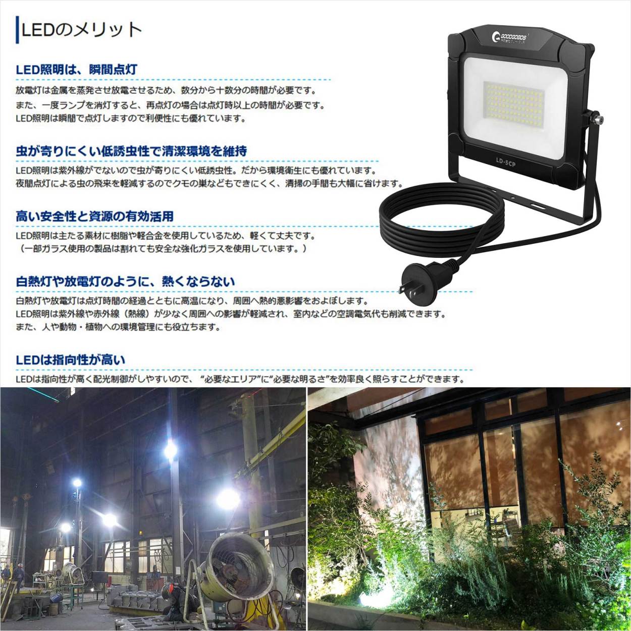 LEDライトセット 50W投光器 G型クランプ 自社開発 5000K 5000lm 180度 屋外照明 すりガラス プラグ付き 設置しやすい 1年保証  LD-5CP JD-001H