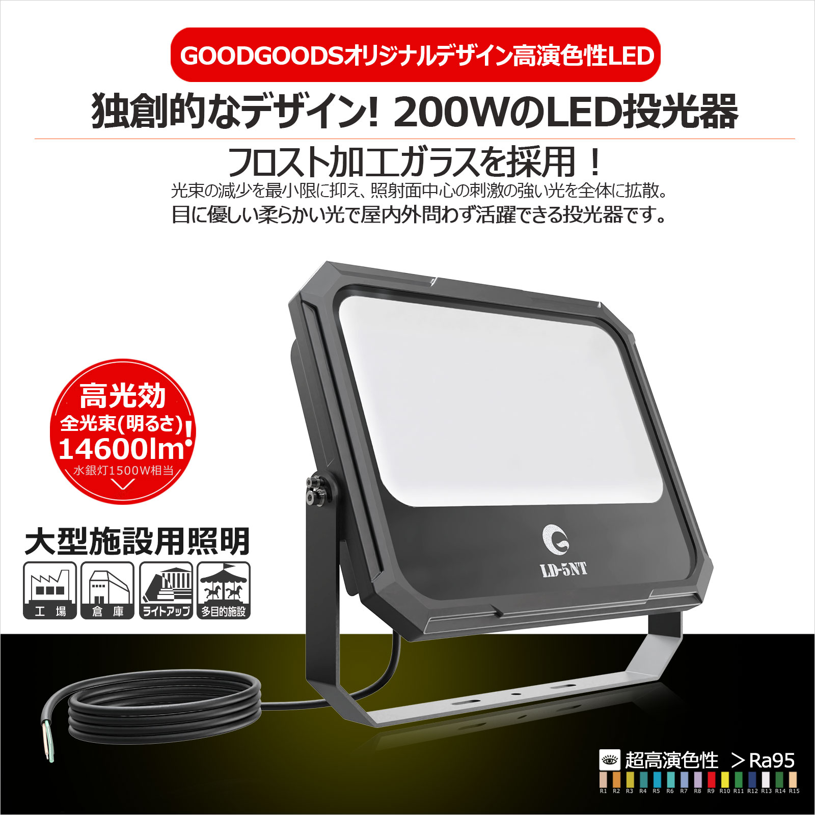 グッドグッズ LED投光器 防水 屋外 14600lm 高演色 200W フロスト加工