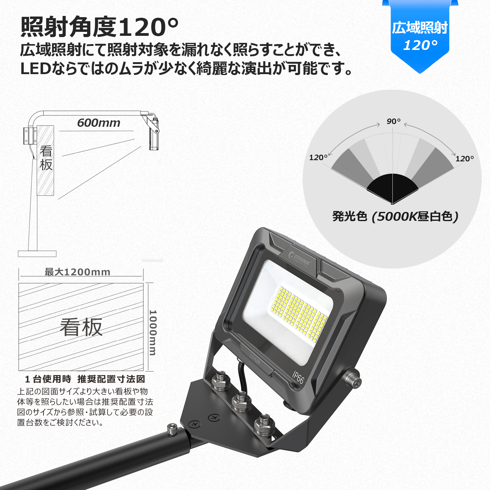 アームライト 一体型 作業灯 高演色 30W 照射角度120° 小型看板 アーム短め
