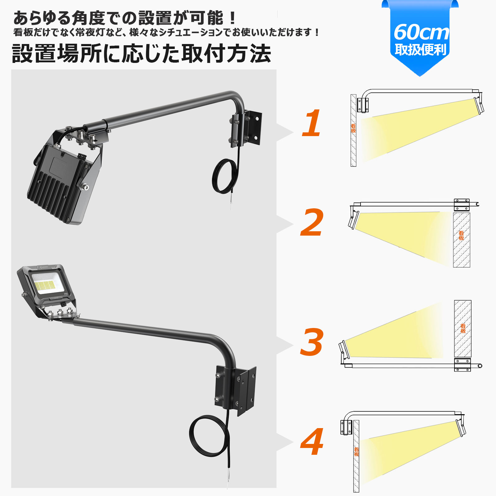 アームライト 一体型 作業灯 高演色 30W 照射角度120° 小型看板 アーム短め