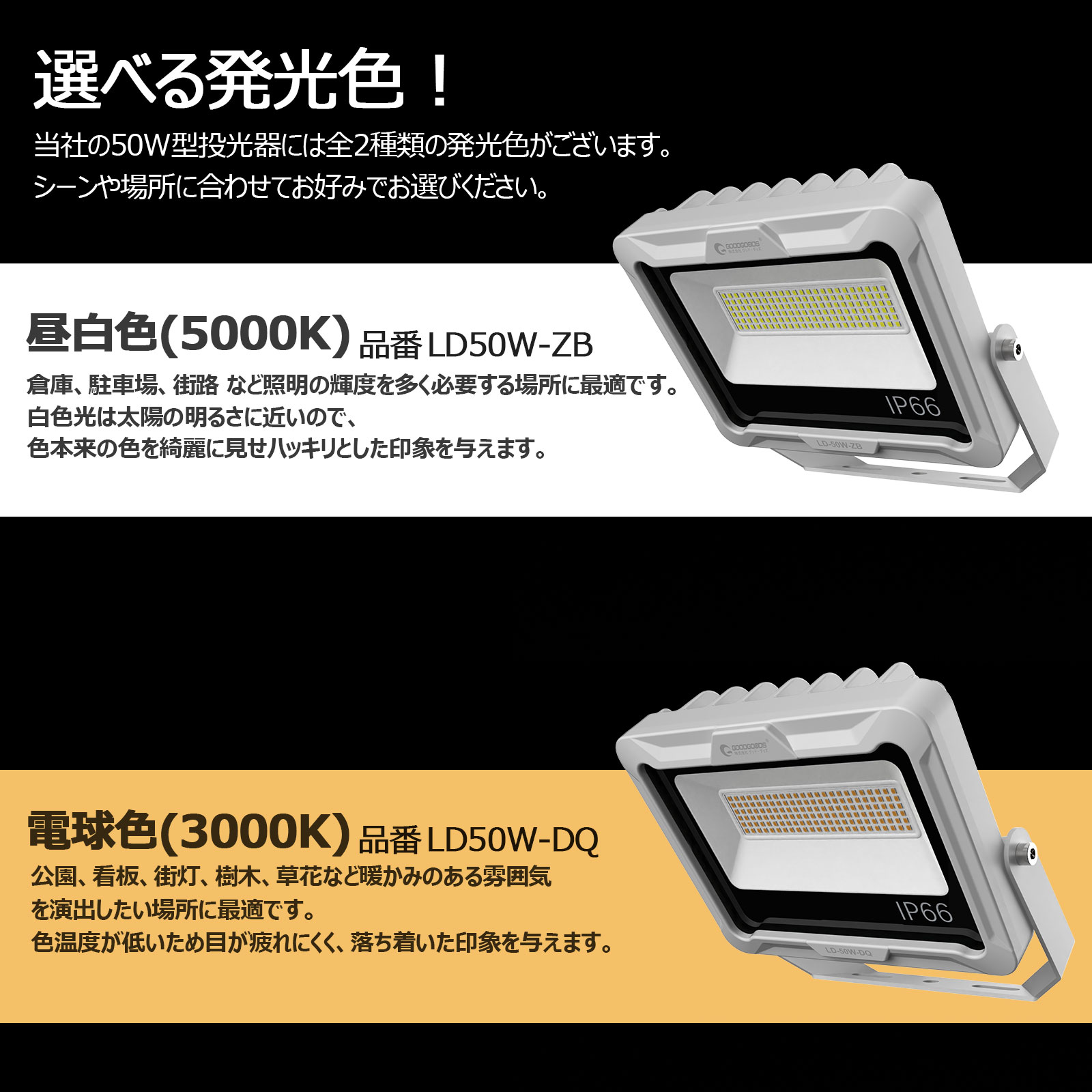 グッドグッズ LED投光器 50W 7300LM 電球色 取付簡単 耐風 耐震 高演色 広範囲 現場 建築 屋外 防水 防塵 施設 省エネ ハロウィン  工事現場照明 LD50W