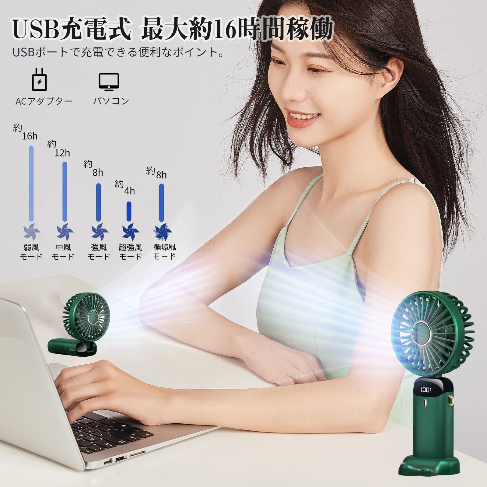 手持ち 扇風機 ハンディファン 携帯式 USB充電 夏 コードレス 首掛け