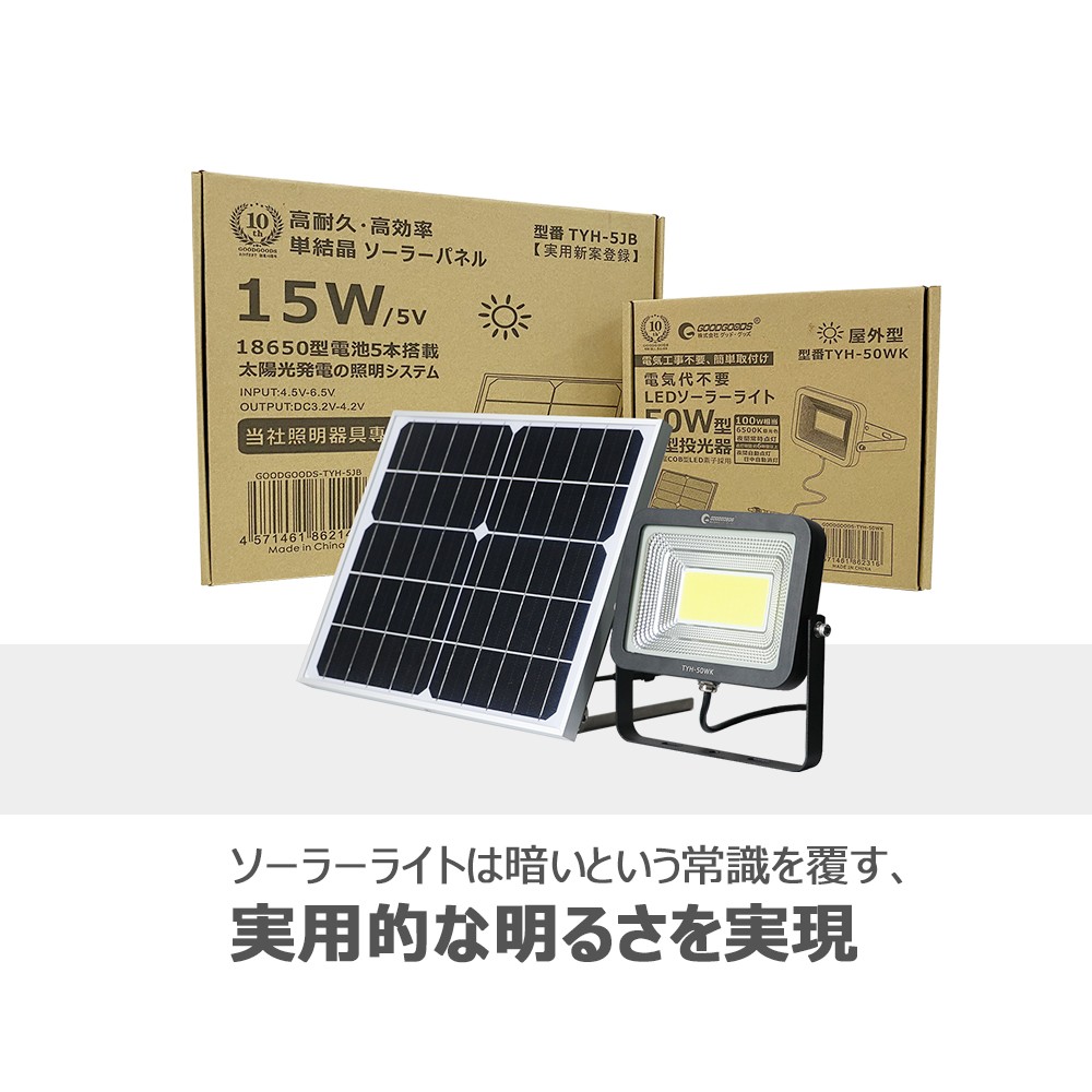 太陽光発電システム LEDソーラーライト 18650型充電池*5本 蓄電池 停電 防災グッズ 充電式 投光器