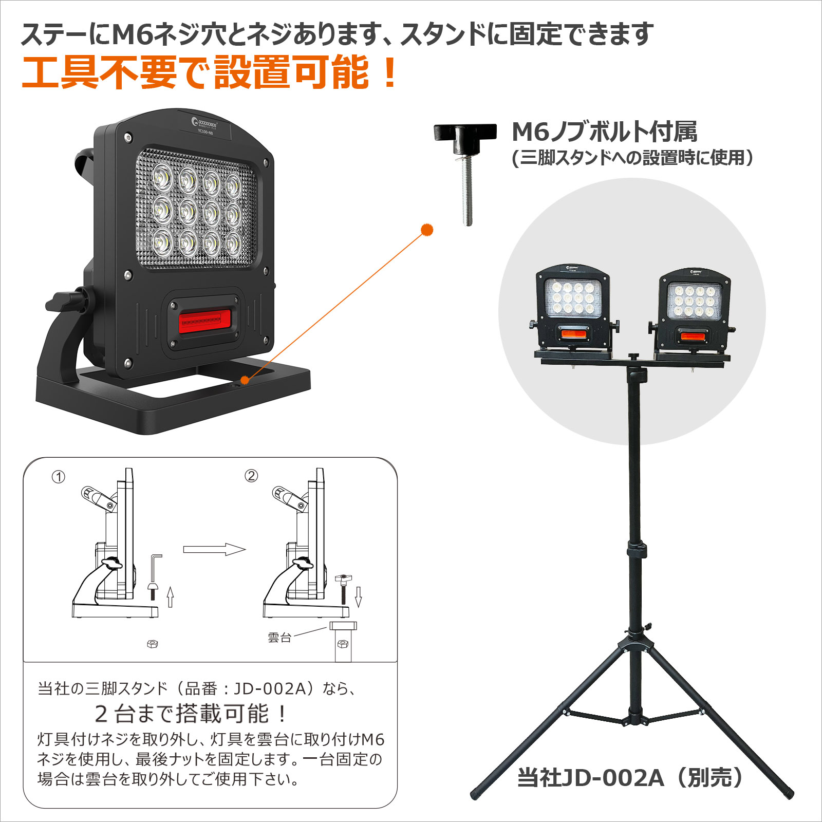 セール 充電式 LED作業灯 100W 10000LM 投光器 警告灯付き 超爆光 屋外 