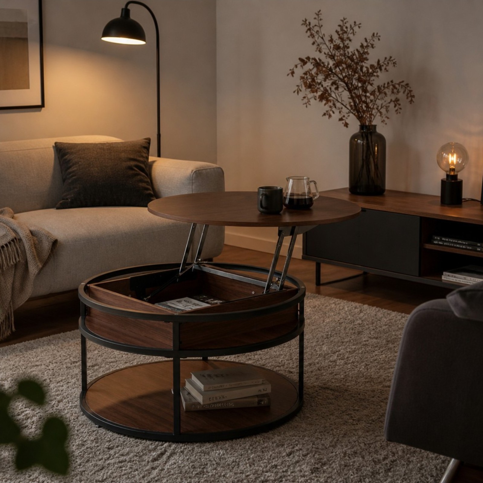 GOOD LIFE INTERIOR リフトアップテーブル ローテーブル 円形 80cm 高