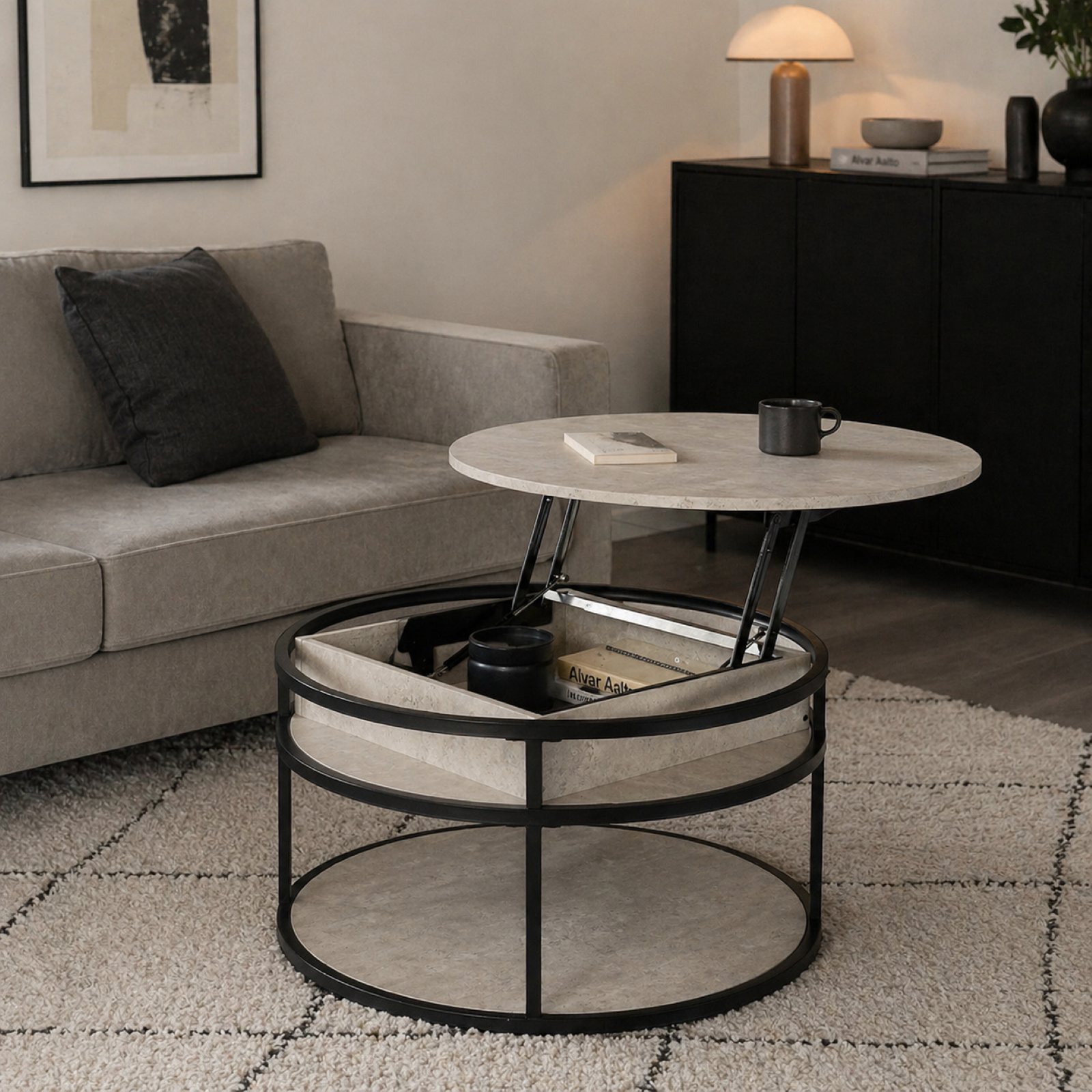 GOOD LIFE INTERIOR リフトアップテーブル ローテーブル 円形 80cm 高