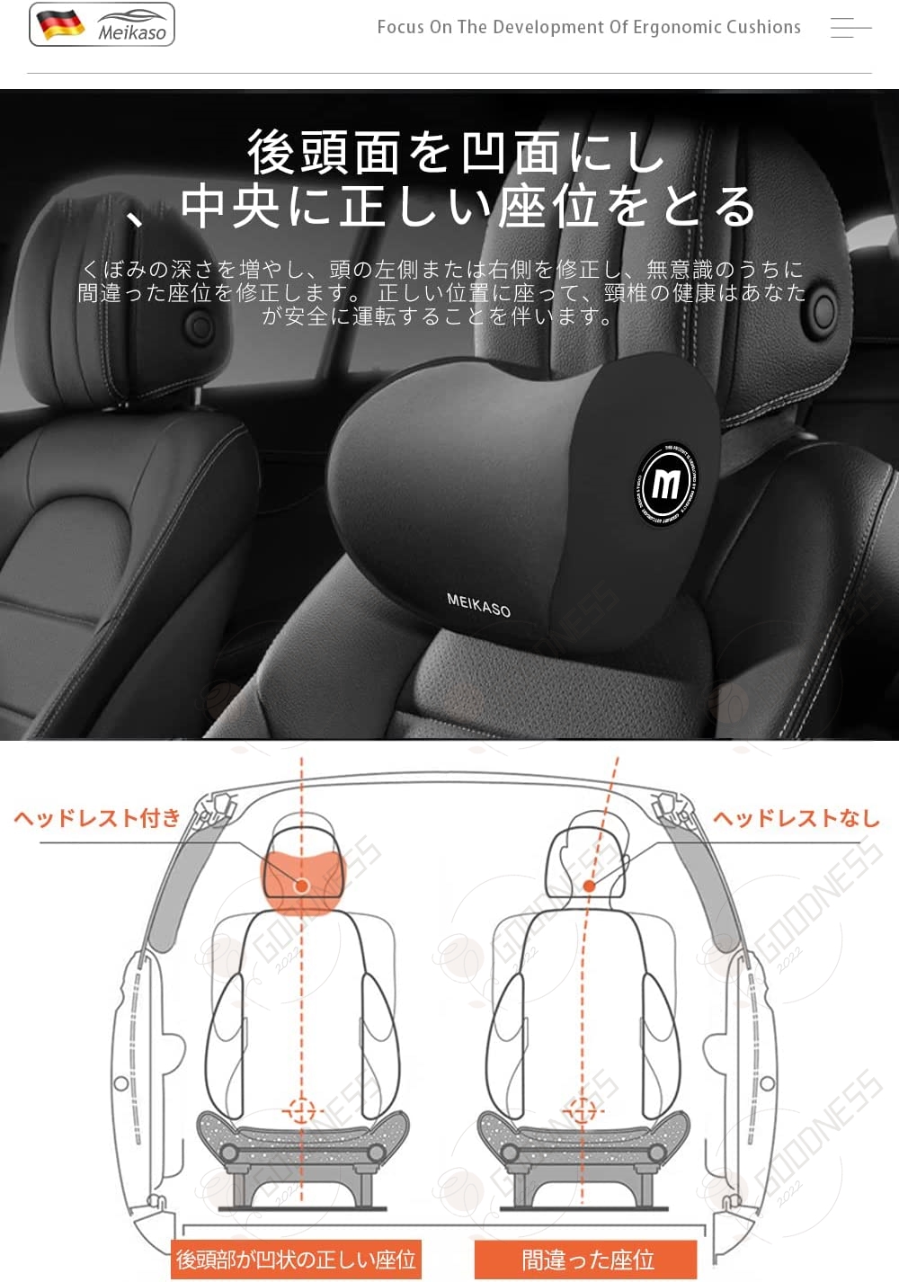 車用首枕 ネックパッド 車中泊 腰クッション 通気性 腰当て 低反発 旅行 運転 ドライブ ヘッドレスト 首 頭痛 肩こり 車内 車用品 車 オフィス  自宅用 :jqq001:GOOD NESS 通販 