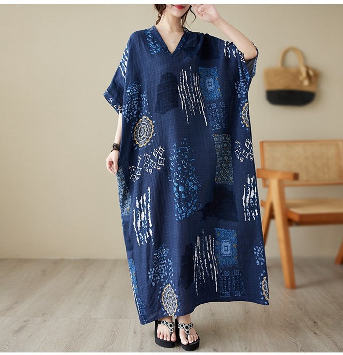 リゾートワンピース レディース 夏 ロング マキシ丈 半袖 エスニック調 インディゴ染め風 タイダイ Vネック コクーン ゆった |  | 03