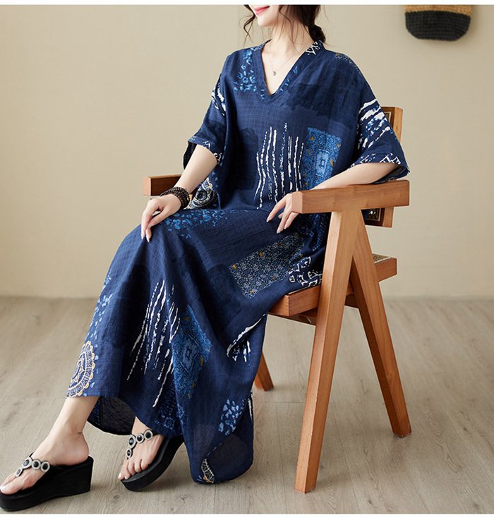 リゾートワンピース レディース 夏 ロング マキシ丈 半袖 エスニック調 インディゴ染め風 タイダイ Vネック コクーン ゆった |  | 05