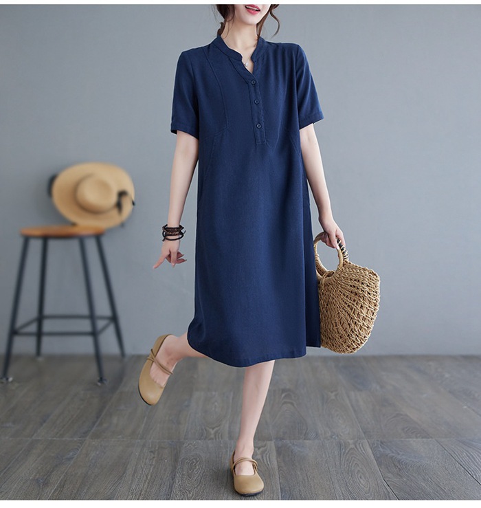 綿麻 ワンピース 夏 ロング 膝丈 膝下丈 Vネック 半袖 リネンワンピース Aライン ポケット付き ミドル丈 涼しい 薄手 ゆった |  | 12
