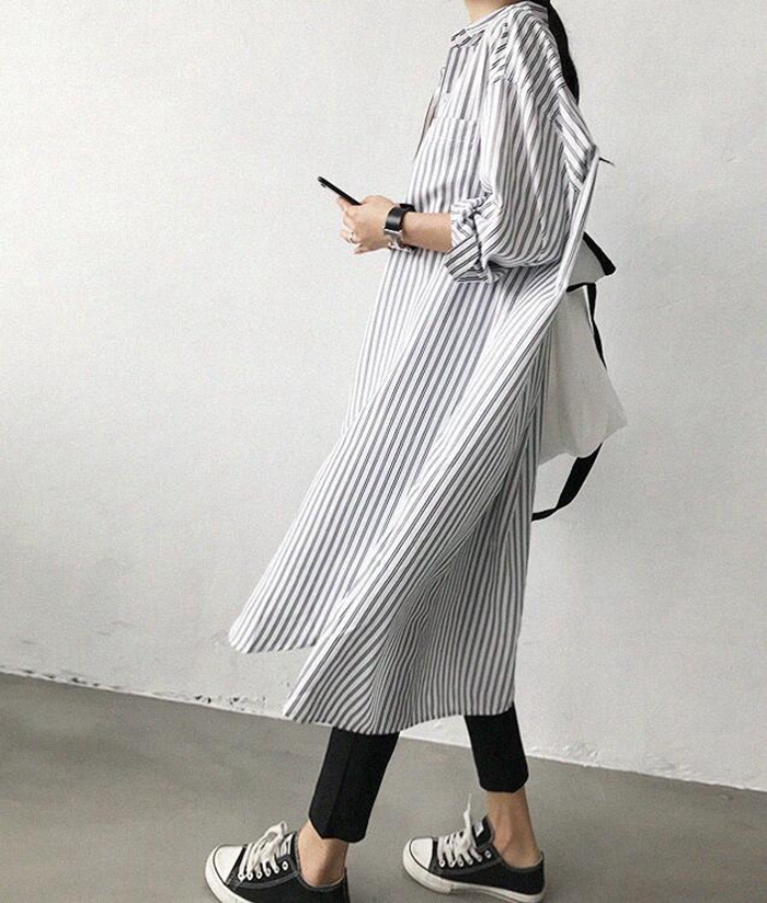 美品 ティアラ ベルテッド 白黒ストライプ 長袖 ロングシャツワンピース 洗える シャツワンピース ロングシャツ ワンピース ミディアム丈 長袖 シャツ