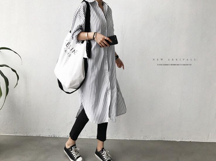 韓国ファッションシャツワンピース ロングシャツ ワンピース ミディアム丈 長袖 シャツ レディース