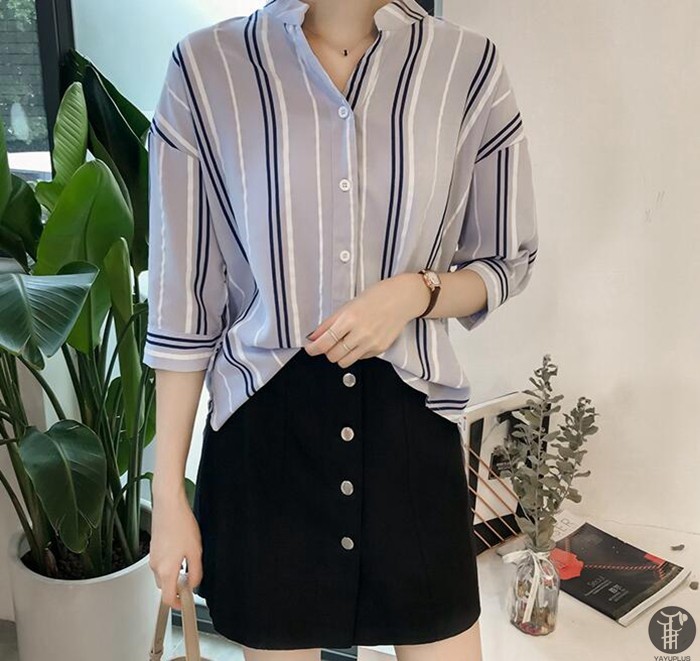 ブラウス ストライプシャツ レディースシャツ Vネック 五分袖 春夏 トップス 新作 夏服 レディースファッション