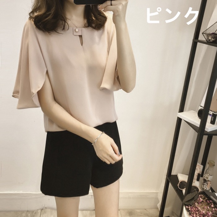 フレアスリーブブラウス レディース無地 5分袖 ノーカラー シャツブラウス可愛い かわいい 大人 20代 30代 40代 通勤 通学 |  | 03