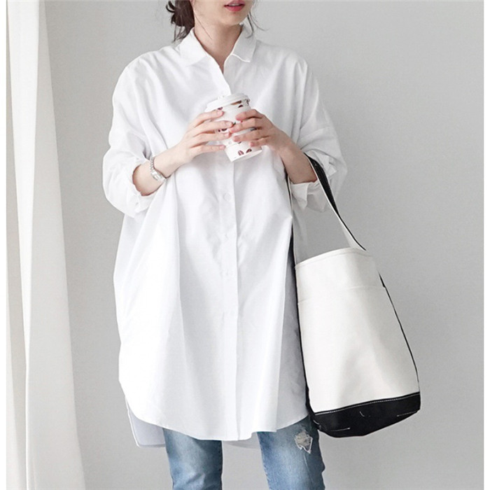 ロングシャツ ホワイト 体型カバー ビッグシルエット シャツワンピース ゆったり 韓国ファッション