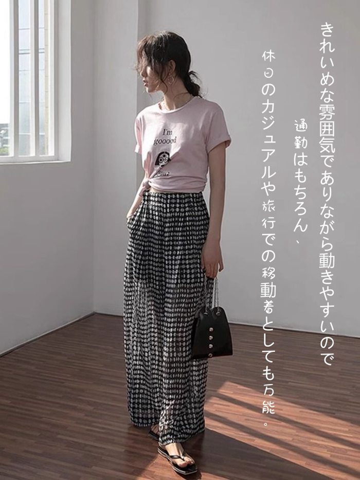 ワイドパンツ レディース シフォン 夏 透け感 涼しい ハイウエスト ボトムス ガウチョパンツ ゆったり 大人可愛い きれいめ |  | 04