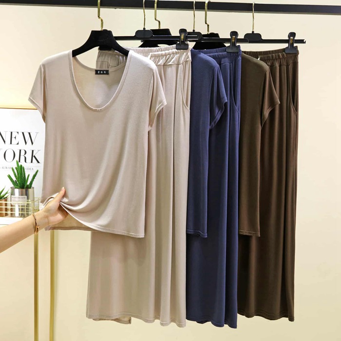セットアップ レディース 夏 上下セット 半袖 Tシャツ ワイドパンツ モダール 涼しい 大きいサイズ 体型カバー Uネック 部屋着 | 