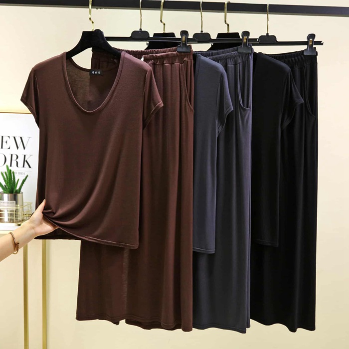 セットアップ レディース 夏 上下セット 半袖 Tシャツ ワイドパンツ モダール 涼しい 大きいサイズ 体型カバー Uネック 部屋着 |  | 09