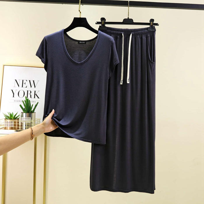 セットアップ レディース 夏 上下セット 半袖 Tシャツ ワイドパンツ モダール 涼しい 大きいサイズ 体型カバー Uネック 部屋着 |  | 02