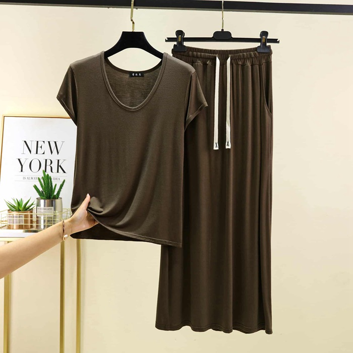 セットアップ レディース 夏 上下セット 半袖 Tシャツ ワイドパンツ モダール 涼しい 大きいサイズ 体型カバー Uネック 部屋着 |  | 03